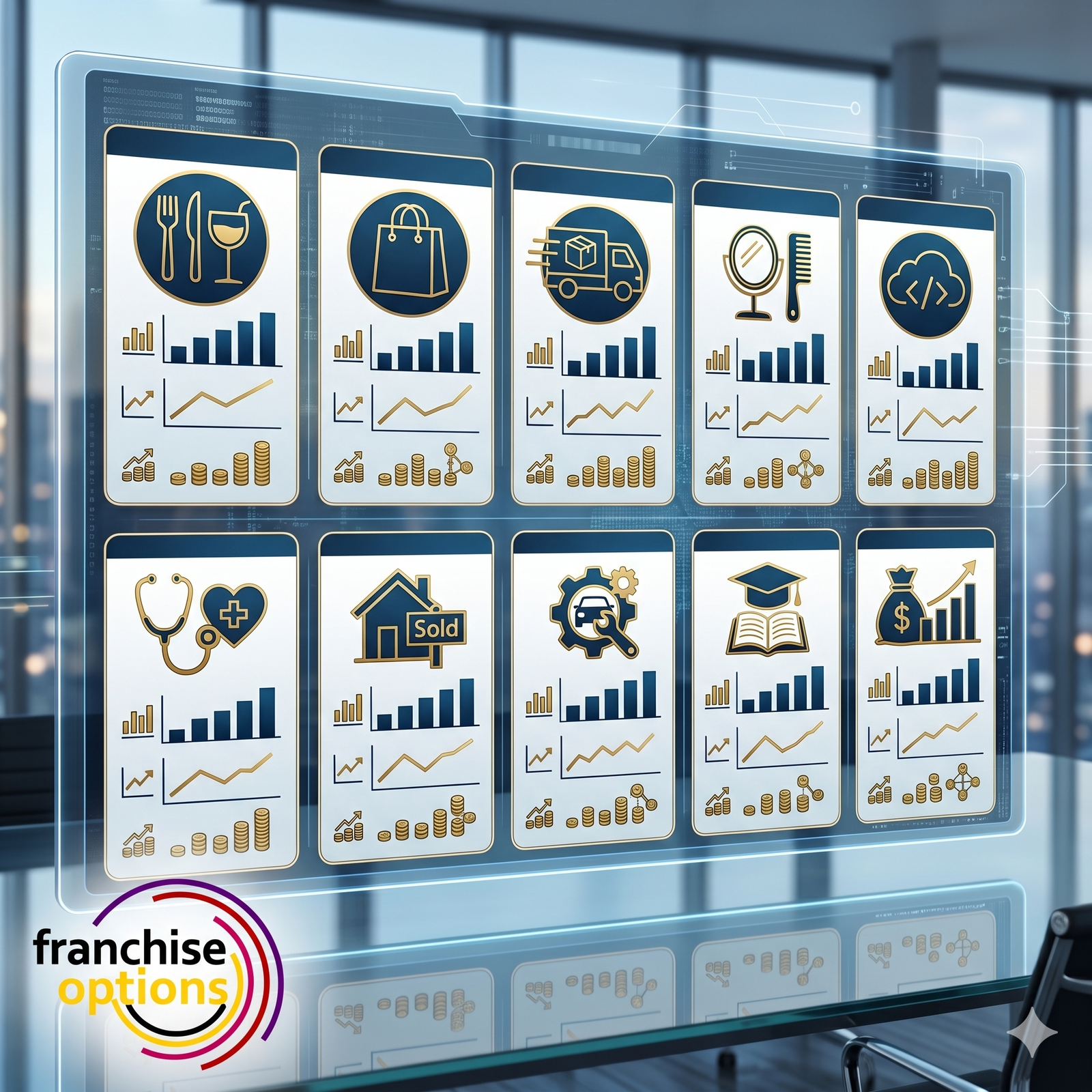 A professional infographic comparing setup costs and profit potential across food, retail, and service franchise sectors.