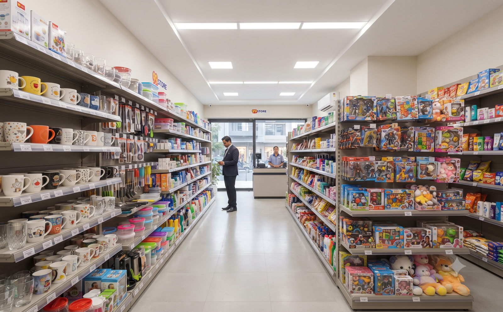 Clean and professional interior of a 99 Store retail supermarket in India