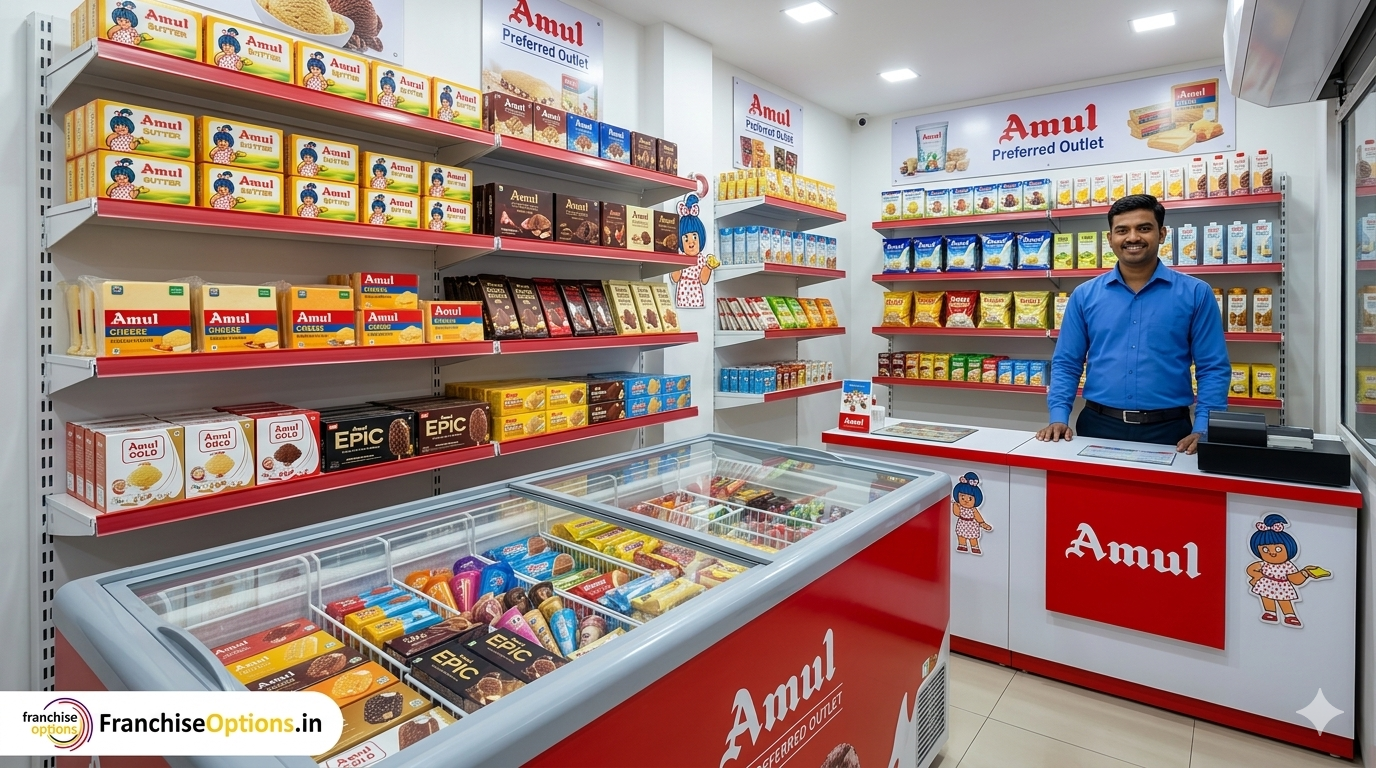 Amul franchise outlet in India showing dairy products and ice cream