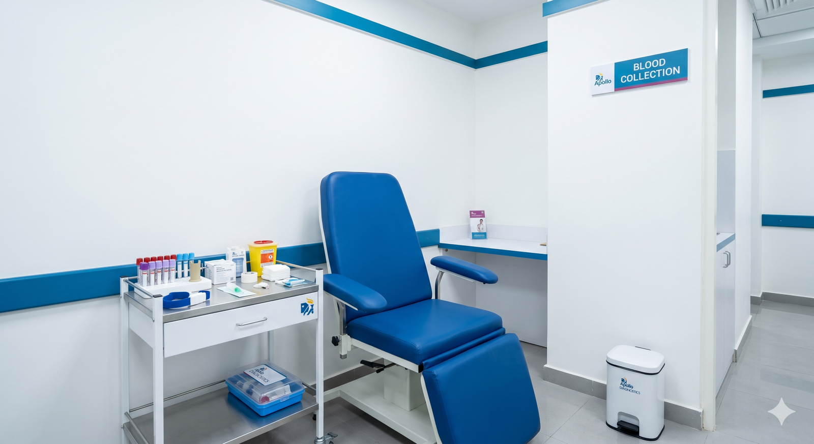 Clean and professional interior of an Apollo Diagnostics patient care center