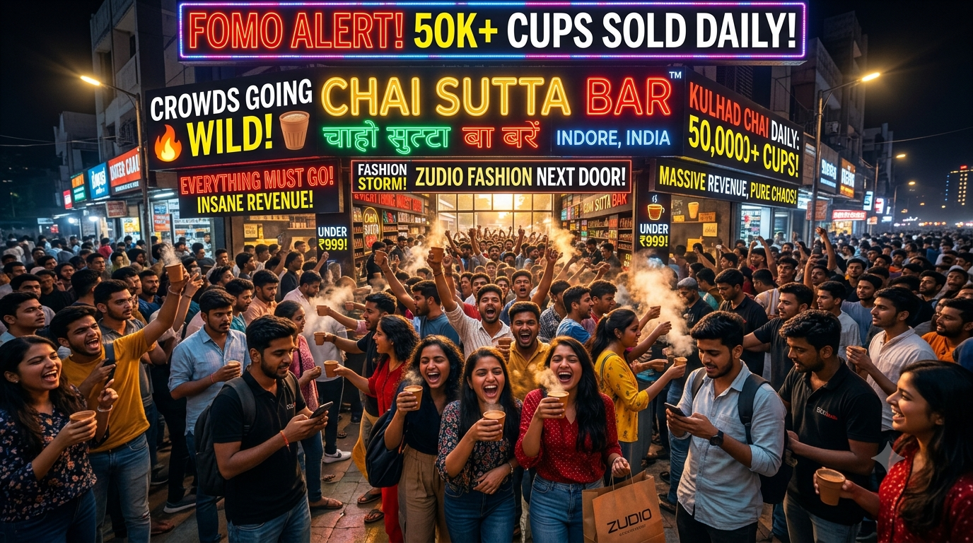 Vibrant Chai Sutta Bar cafe exterior with youth crowd in India