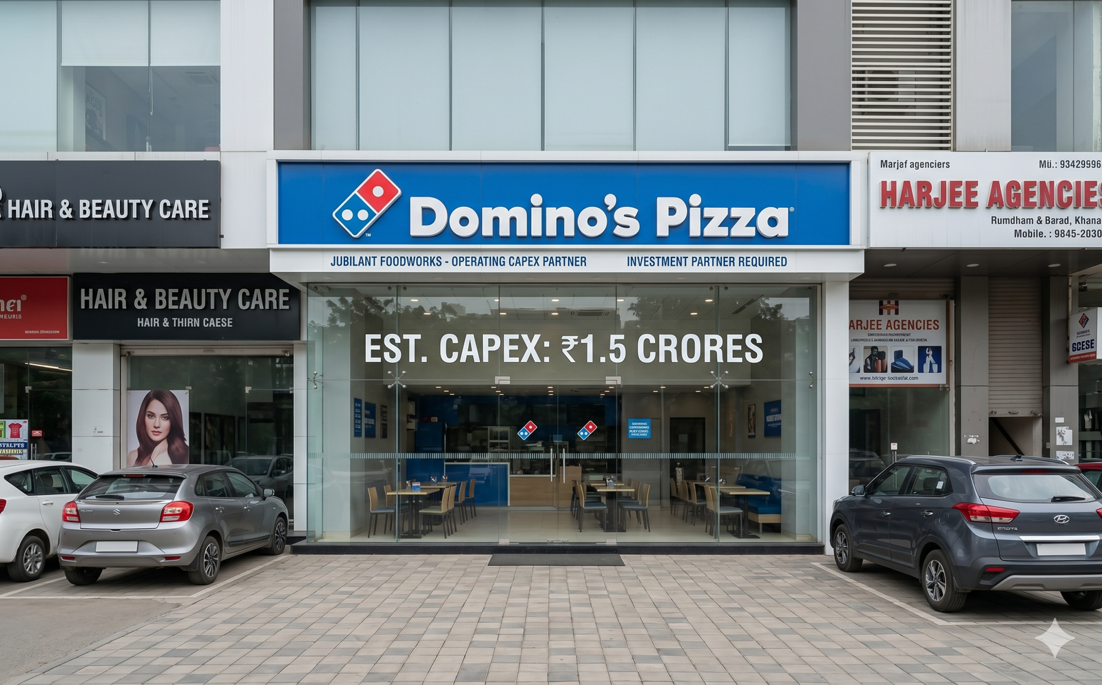 Clean and professional exterior of a Domino's Pizza store in India