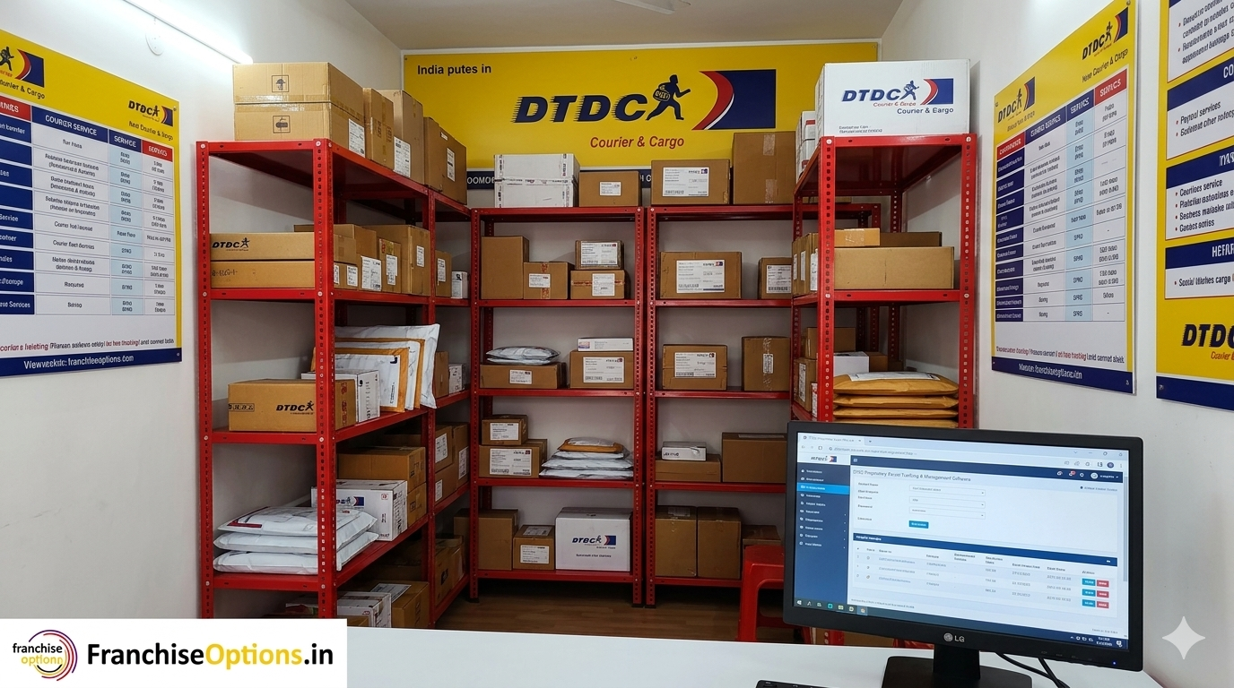 DTDC courier franchise outlet in India 2026 with parcels and delivery bags