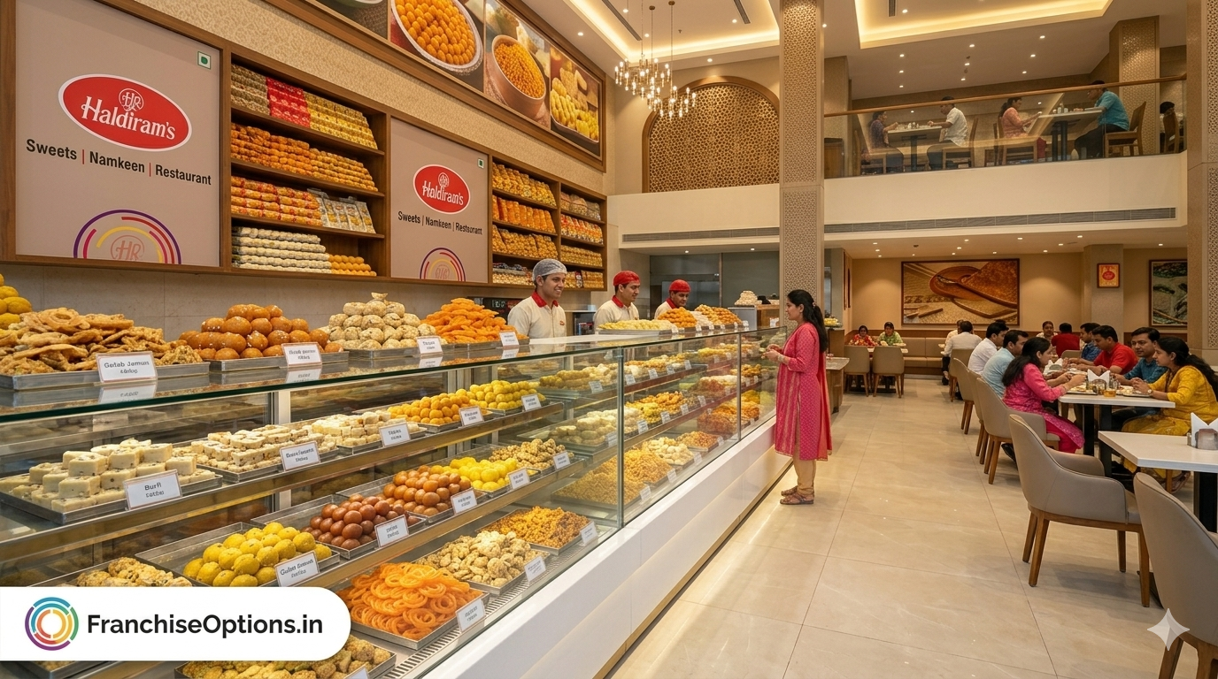 Haldiram's restaurant interior showing seating area and sweets display counter