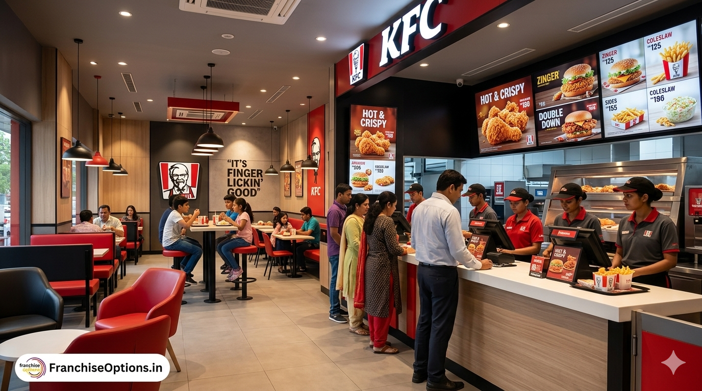 Modern KFC restaurant interior in India showing ordering counter and seating area