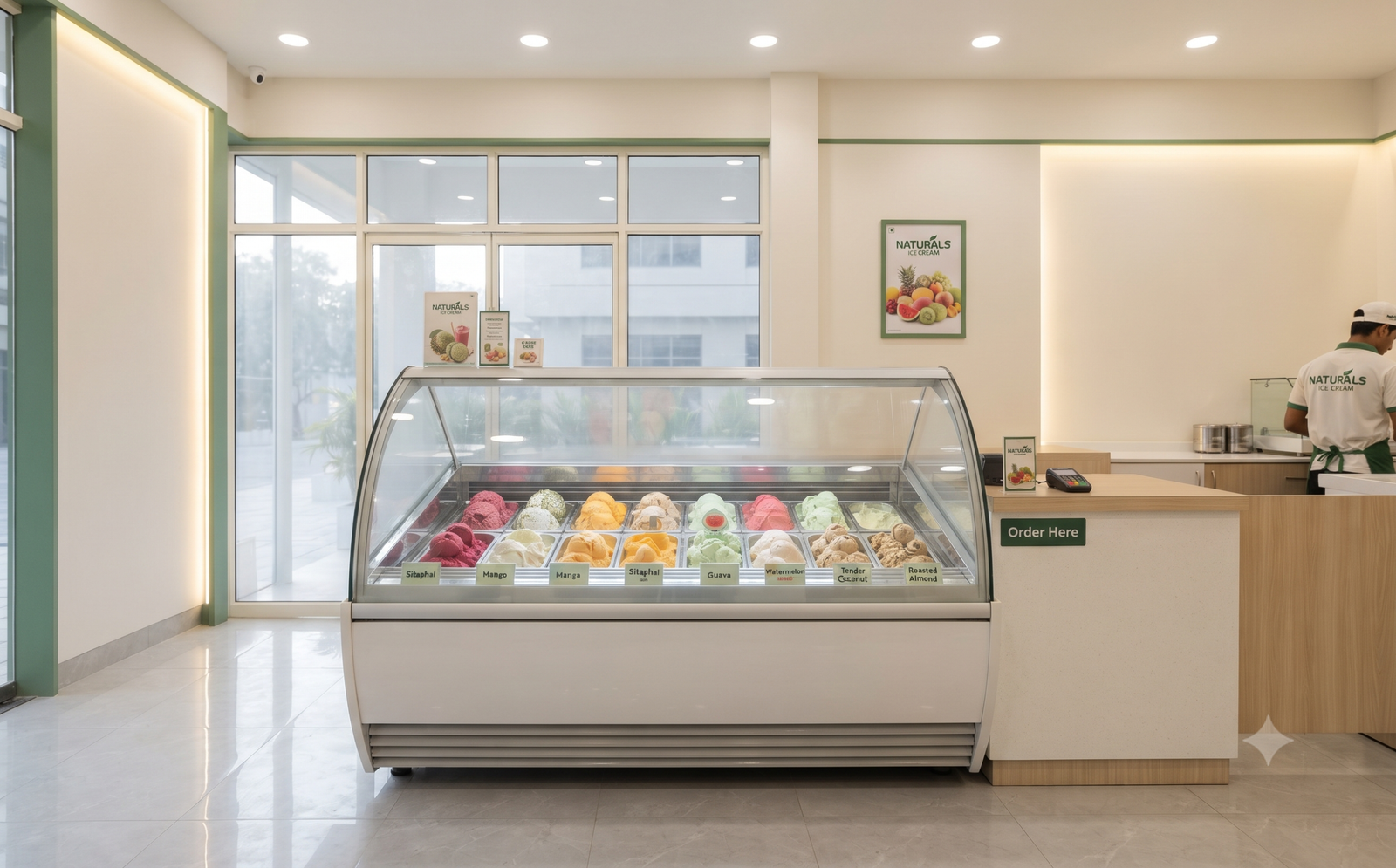 Clean and professional interior of a Naturals Ice Cream parlour in India