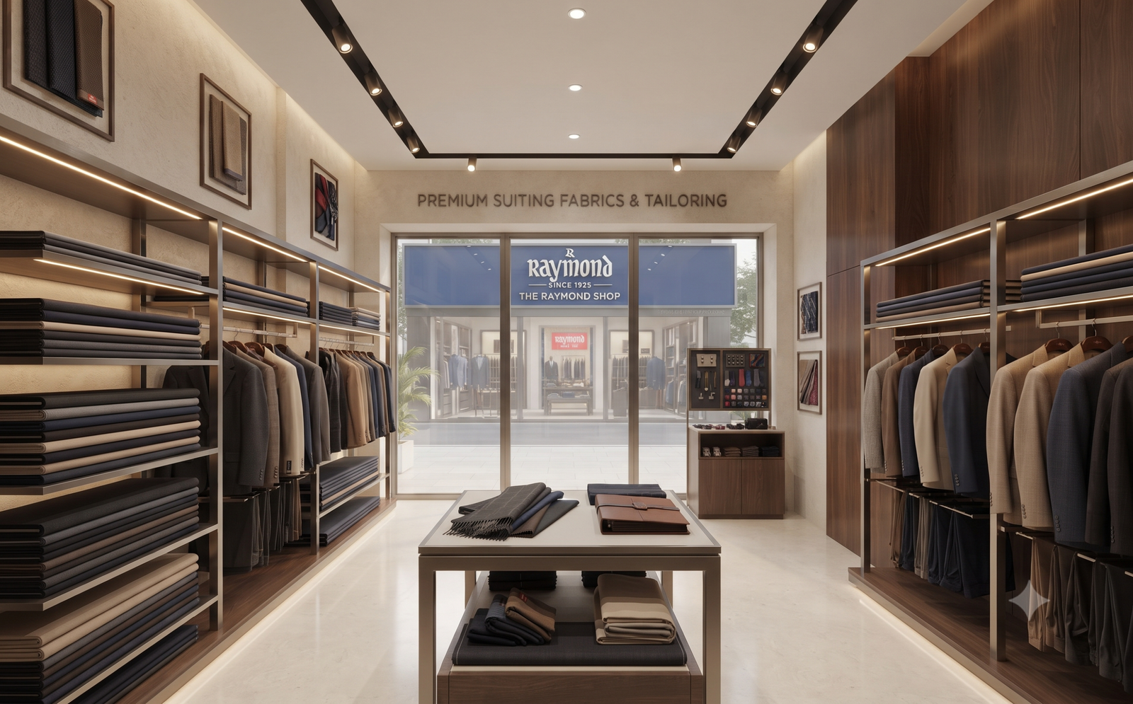 Clean and professional interior of The Raymond Shop showing suiting fabrics