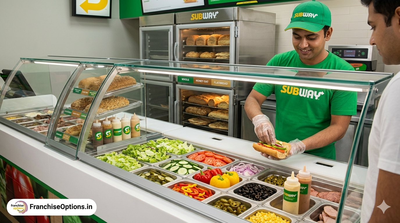 Subway franchise restaurant interior in India 2026 showing fresh subs and counter