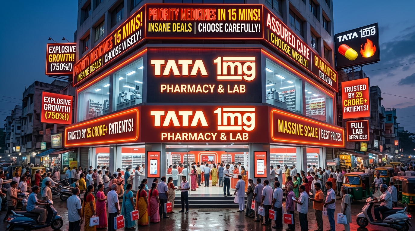 A modern Tata 1mg pharmacy and lab test collection center in India