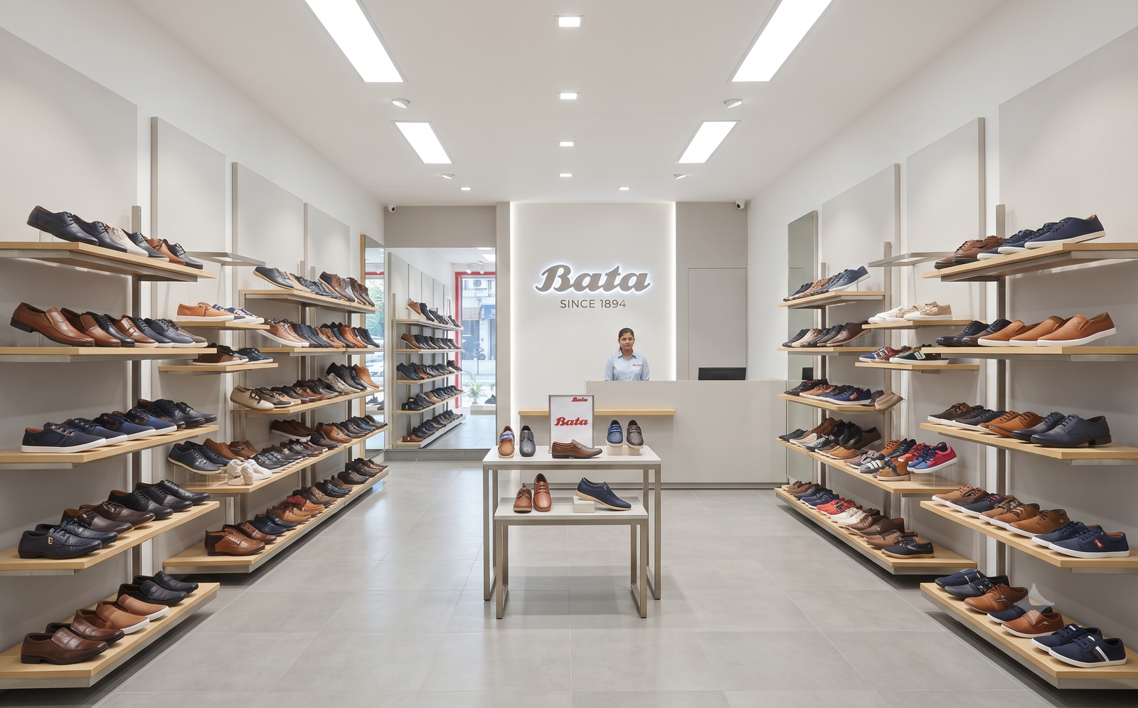Clean and professional exterior of a modern Bata footwear store in India