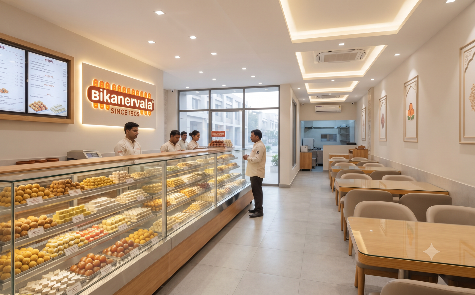 Clean and premium interior of a Bikanervala sweets and restaurant outlet in India